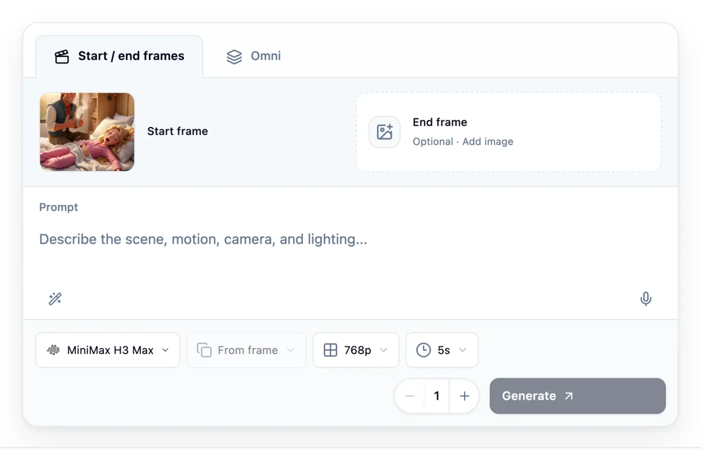 The Start / end frames tab of the video tool in Starpop, set up for illustration with one start frame