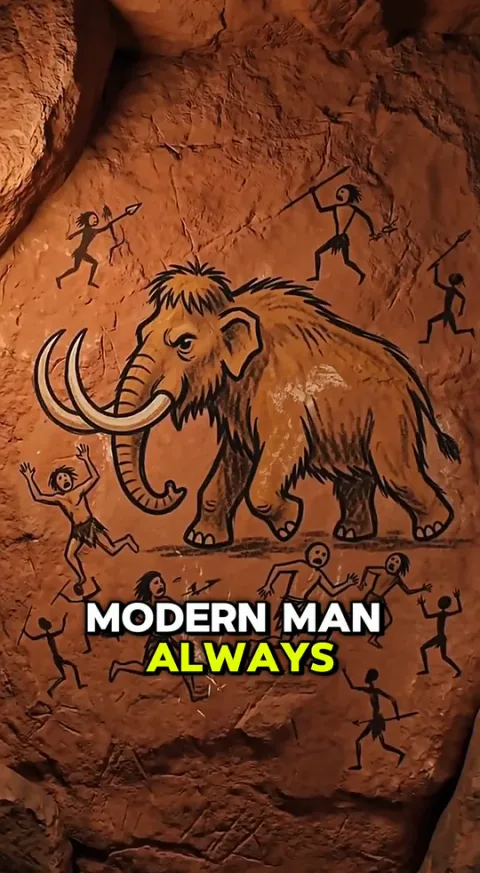 Voiceover shot 1 in the finished ad: a cave painting of cavemen hunting a mammoth