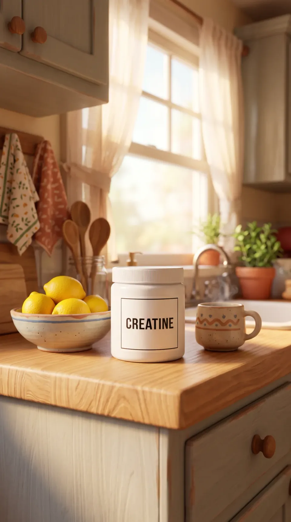Made for this post from the style block, one sentence of scene and the camera block: a white tub labelled CREATINE on a kitchen counter, in Disney/Pixar style 3D