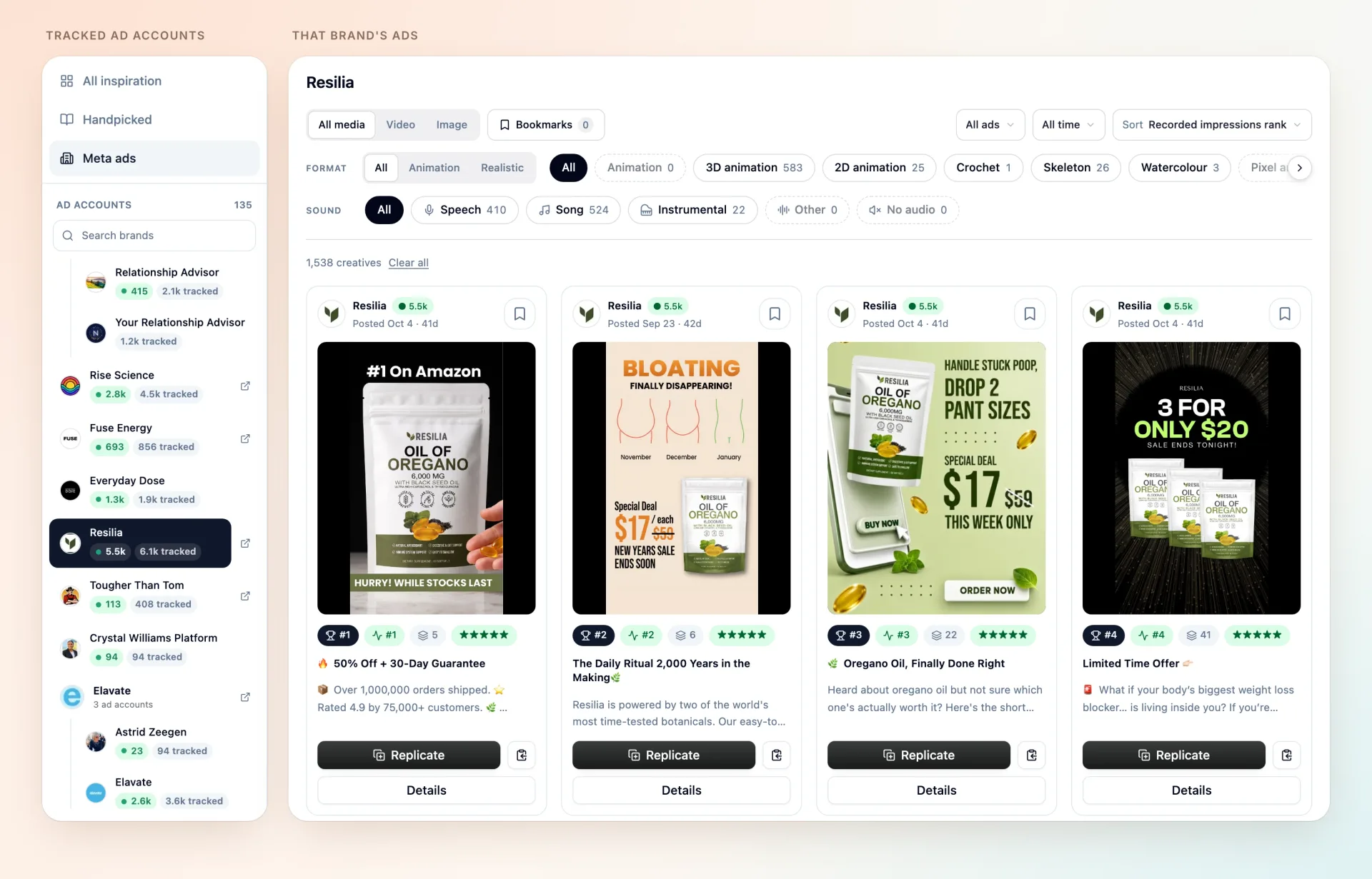 The Meta ads library with Resilia selected in the Ad accounts list and Resilia’s top-ranked ads in the gallery.