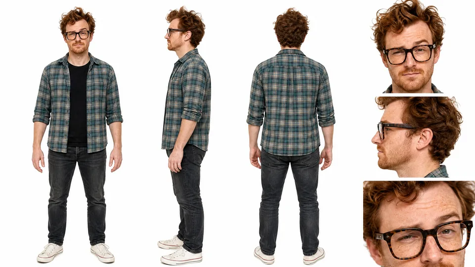 The character sheet for Steve, the co-host: plaid shirt, tortoiseshell glasses, curly red hair