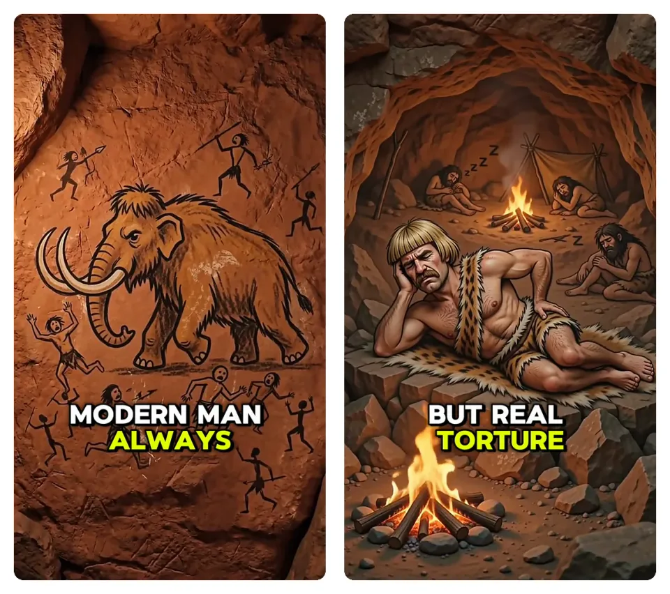 The two voiceover shots in the finished ad: the mammoth hunt as a cave painting, then Grog trying to sleep on rocks