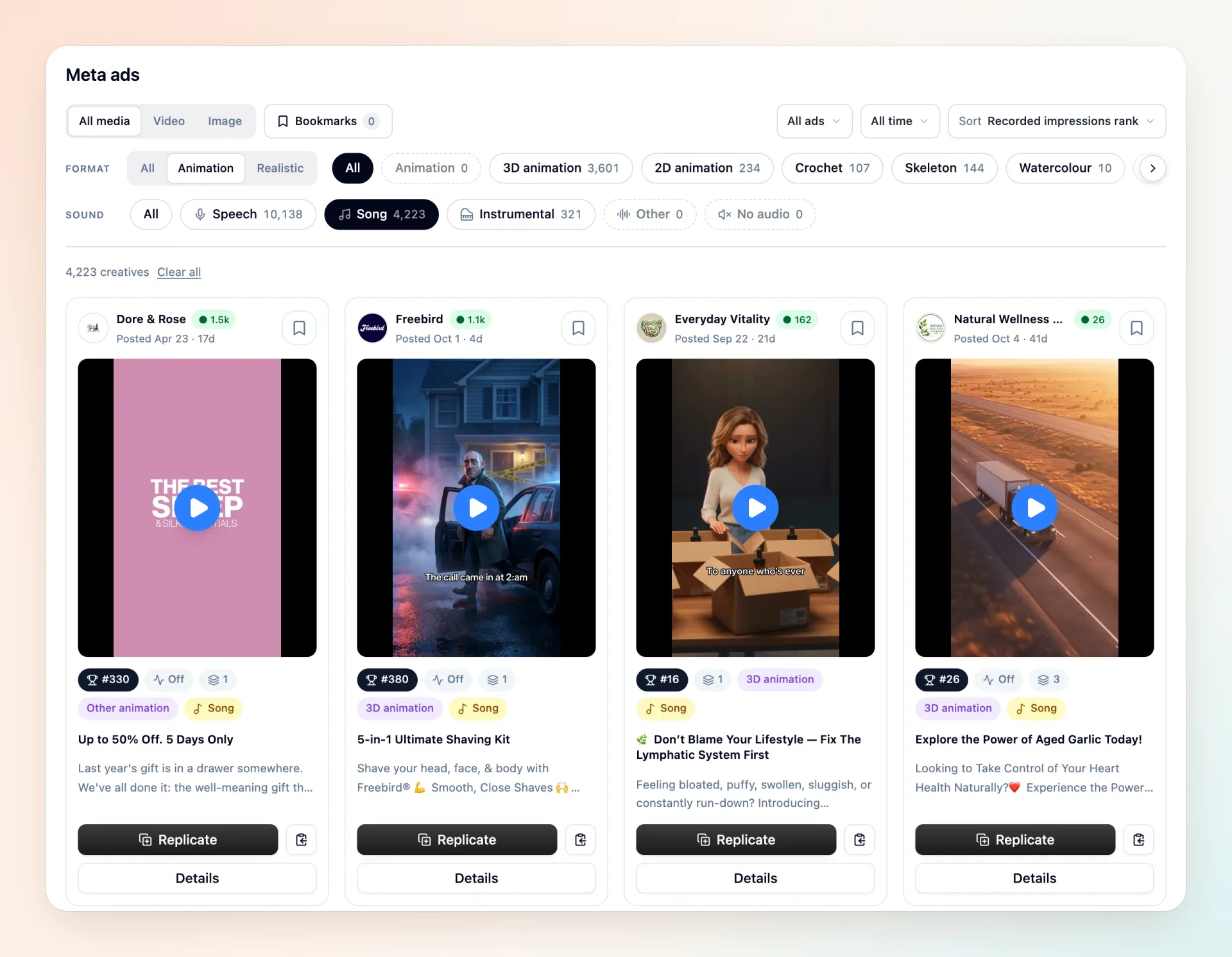 Animation and Song selected together, showing animated song ads with their format and Song badges.