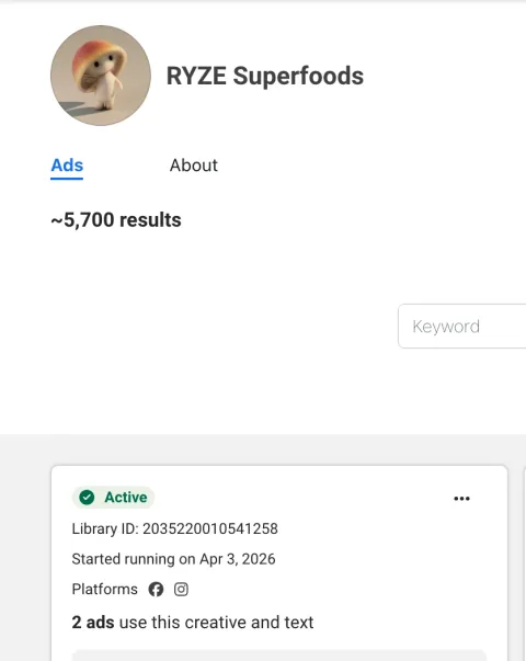 RYZE Superfoods in the public Meta Ad Library on October 9, 2026, active ads only: about 5,700 results
