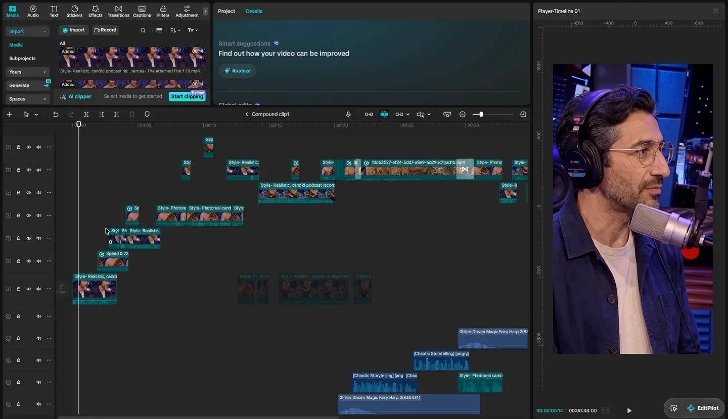 Inside the CapCut compound clip: the takes staggered and overlapping across seven video tracks