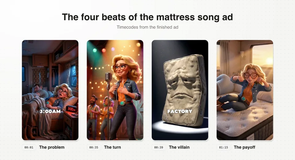 The four shots of the mattress song ad: the problem at 3 AM, the turn on stage, the factory mattress villain, the payoff at sunrise