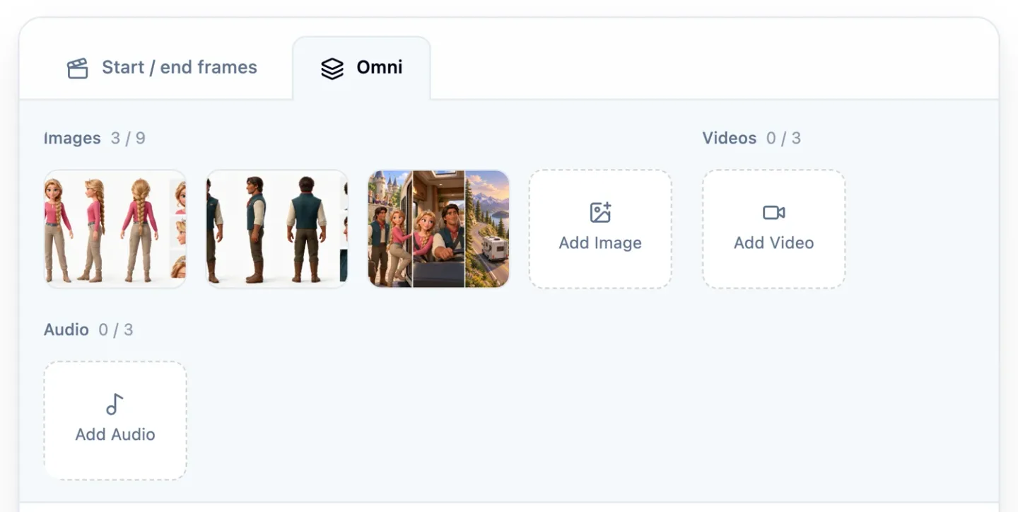 Staging it yourself in Starpop: the Omni tab of Create video, with both character sheets and a canvas attached, before the song slice is added