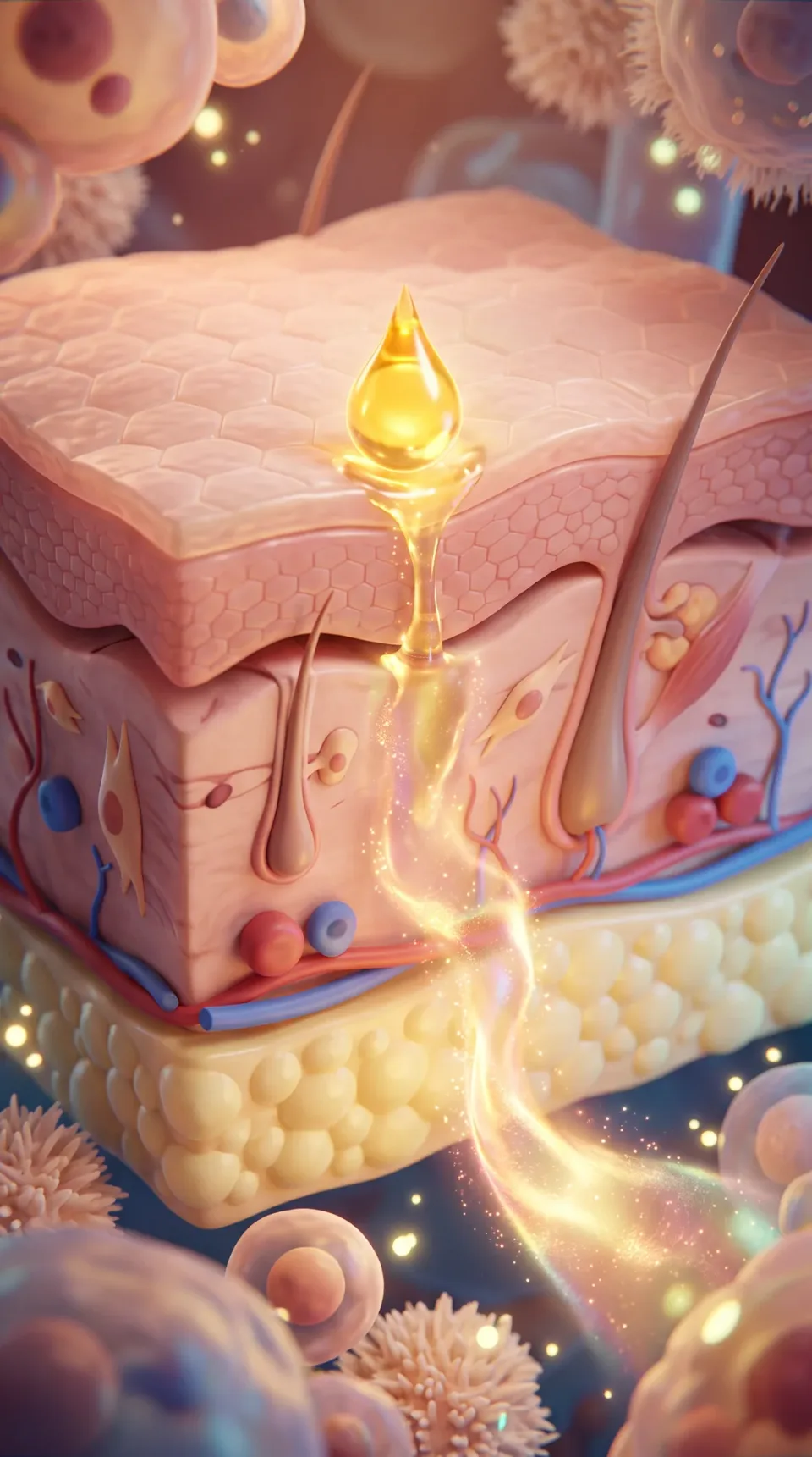 From an earlier test of the blocks: a mechanism shot in Disney/Pixar style 3D, a golden serum droplet absorbing down through three layers of skin